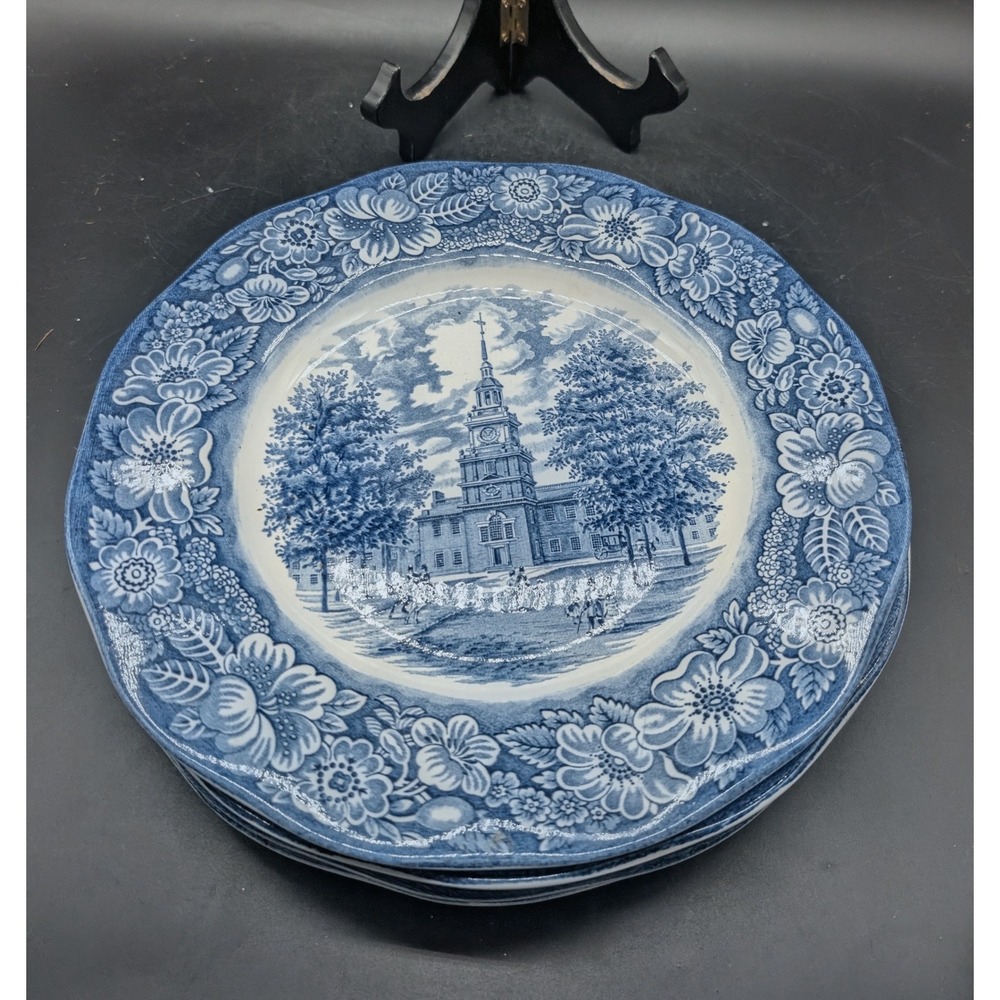 Liberty Blue Independence Hall Dinner Plates Set of 4 Staffordshire Ironstone
